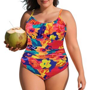 Zando Womens Plus Size One Piece Swimsuit Tummy Control Ruched Floral Swimwear